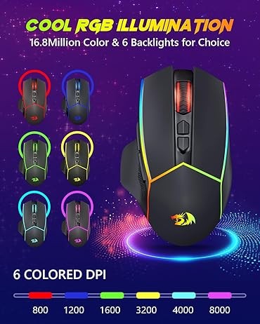 Redragon Wireless Gaming Mouse, Tri-Mode 2.4G/USB-C/Bluetooth Ergonomic Mouse Gaming, 8000 DPI, RGB Backlit Programmable Wireless...